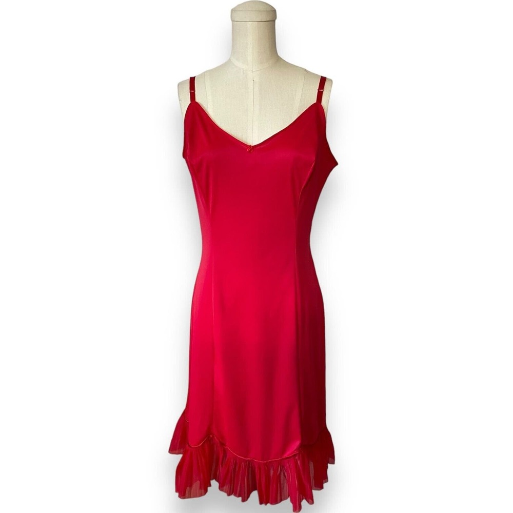 Vintage RARE Van Raalte Nylon Red Slip Dress Opaque Pleated Hem Lingerie Small
